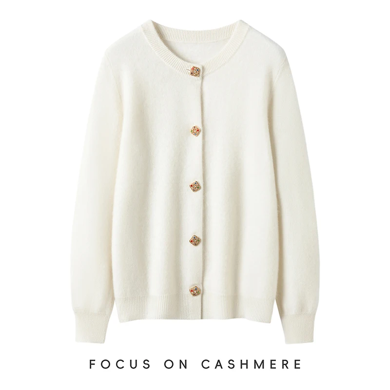 New Women's 100% Cashmere Exquisite Button O-Neck Cardigan Simple Elegant Sweater Autumn Winter Comfortable Soft Knitted Coat