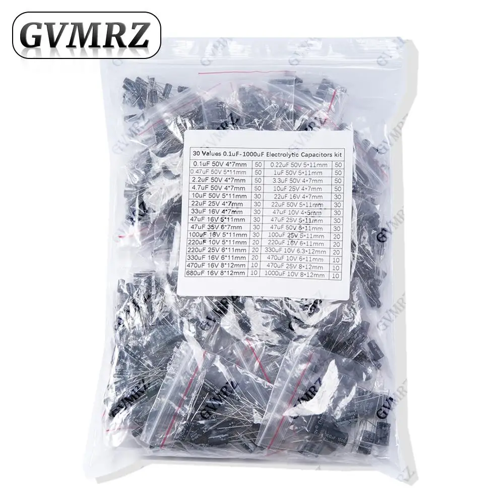 900PCS 30Values DIP Electrolytic Capacitor Kit 0.1uF-1000uF for Electronics kit