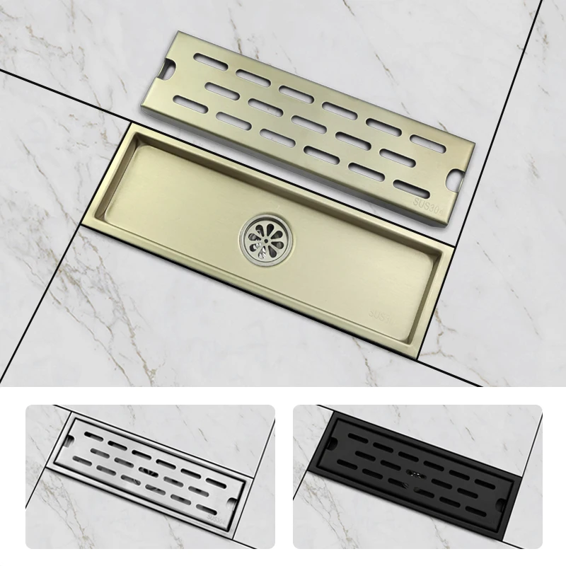 Floor Drain Hair Catcher Bathroom Shower Drain Kitchen Toilet Waste Grates Anti-Odor Long Linear Drainage Brushed Gold Black