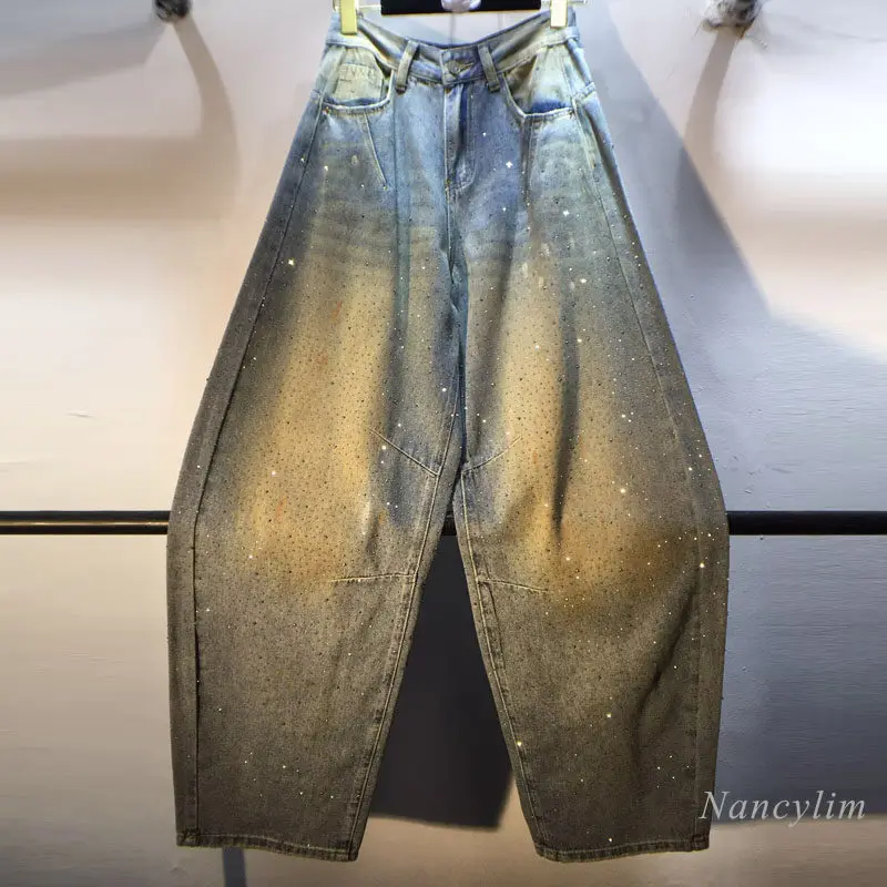 

Flash Pants Spring and Summer New Hand-painted Inkjet Pleated Pocket Pants, High Temperature Hot Diamond Denim Scimitar Jeans