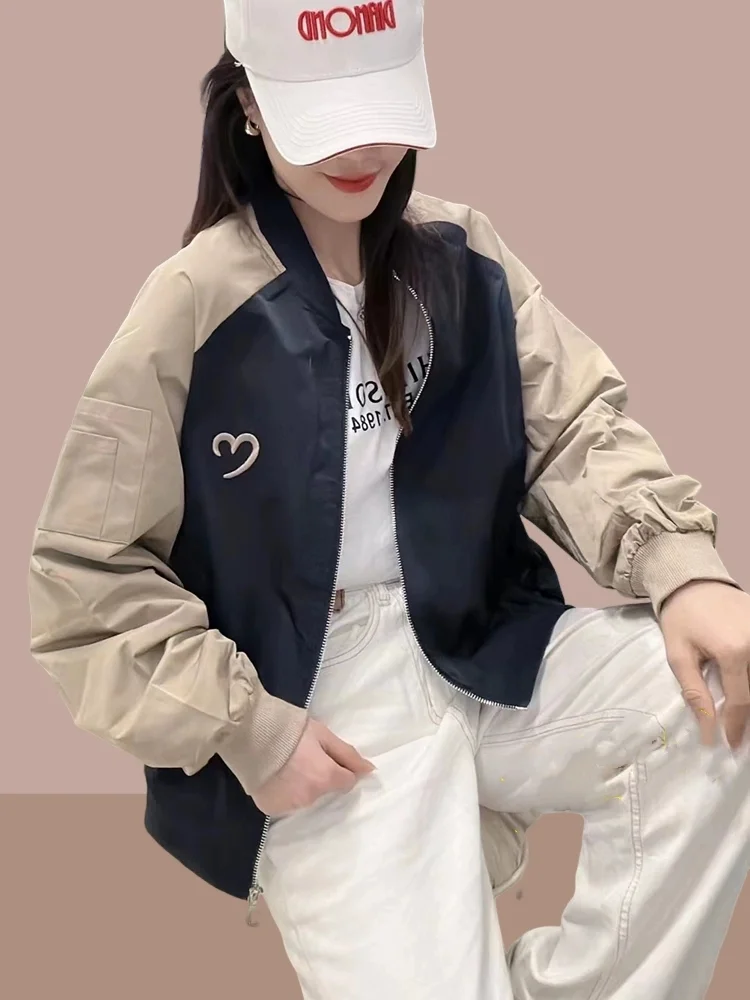 Spring Autumn 2026 Women's Loose Korean Design Baseball Jacket Short Coat Coat Color Block Design Small Size Windbreaker