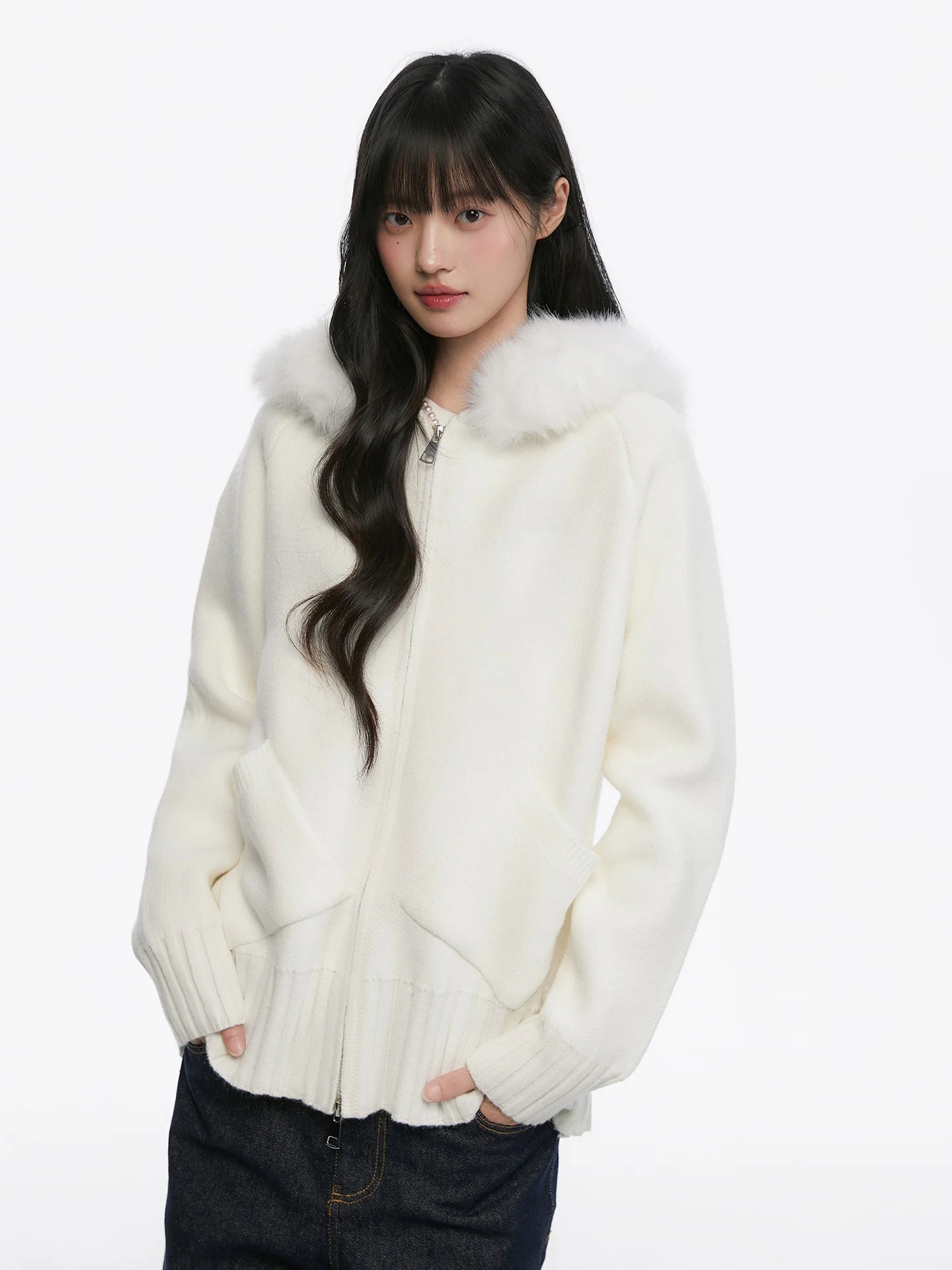 

Pinkers Collaborative Korean Sle Hooded Knitwear Women's Loose Casual Versatile Sweater Coat Warmth Comfortable Long Sve