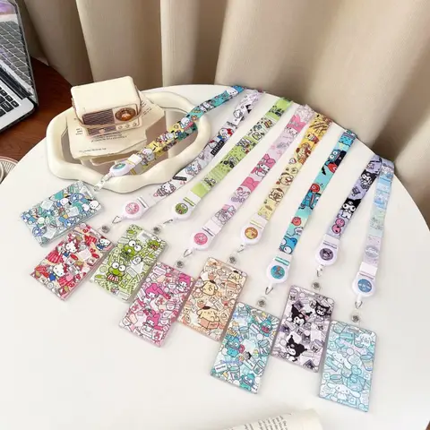Sanrio Anime 카드 슬리브 헬로 키티 쿠로미 학생 캠퍼스 교수형 목 가방 쿠로미 카드 홀더 매는 밧줄 Id 카드 식사 카드 케이스