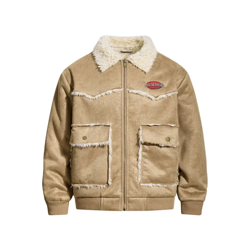 

HELLOMARCEL EU US Size Top Quality Casual Street Wear Retro Suede Letter Embroidery Fleece-Lined Winter Jacket for Men Women