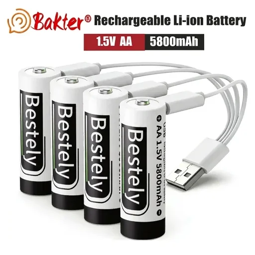 New AA 5800mAh 1.5V Rechargeable Li-ion Batteries USB-C Fast Charging Lithium Battery High capacity Akku 2000 Cycles with Cables