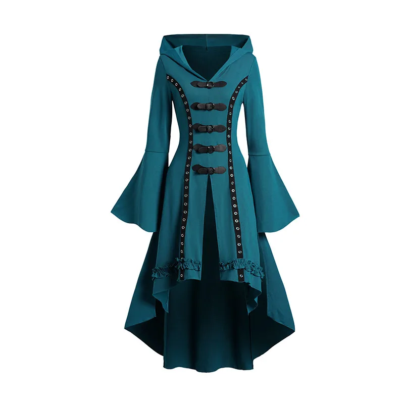 DRESSFO Dames Top Grommet Gothic Top met capuchon Hoge lage zoom Gesp Flare Mouw Frilled hoodies