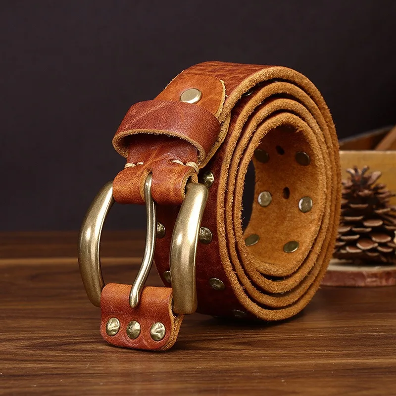 Men's Genuine Leather Rivet Belt, Pin Buckle, Washed Vintage Distressed Full Grain Cowhide, Stylish Casual Denim Waist Belt