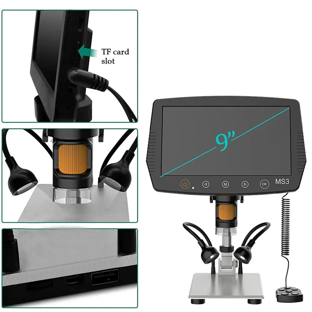 Zoom USB 1000X HD Digital Microscope 9 Inch Large LCD Displa with Two Fill Lights for Soldering Electronic Phone PCB Repair