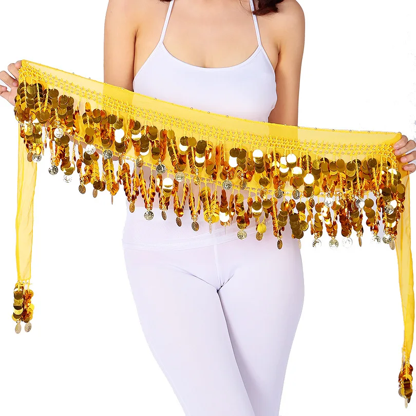 Belly Dance Hip Scarf with Dangling Sequins Belly Dancer Waist Chain Skirts Wrap Dance Costumes Accessories for Women
