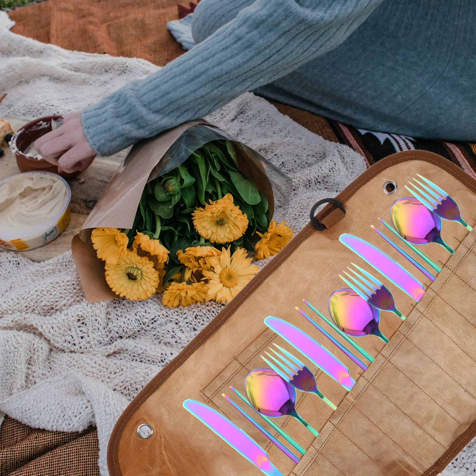 

Portable Canvas Roll Up Utensil Organizer Bag for Camping Picnic Travel Outdoor Cutlery Storage Large Capacity Waterproof Wear