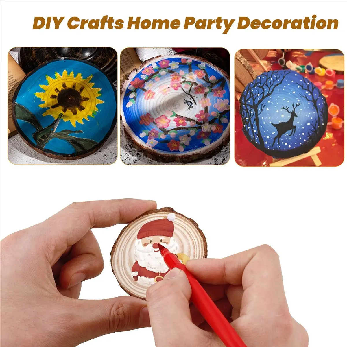 A56K 40Pcs 3-4CM Unfinished Natural Round Wood Slices Circles with Tree Bark Log Discs for DIY Crafts Home Party Decoration