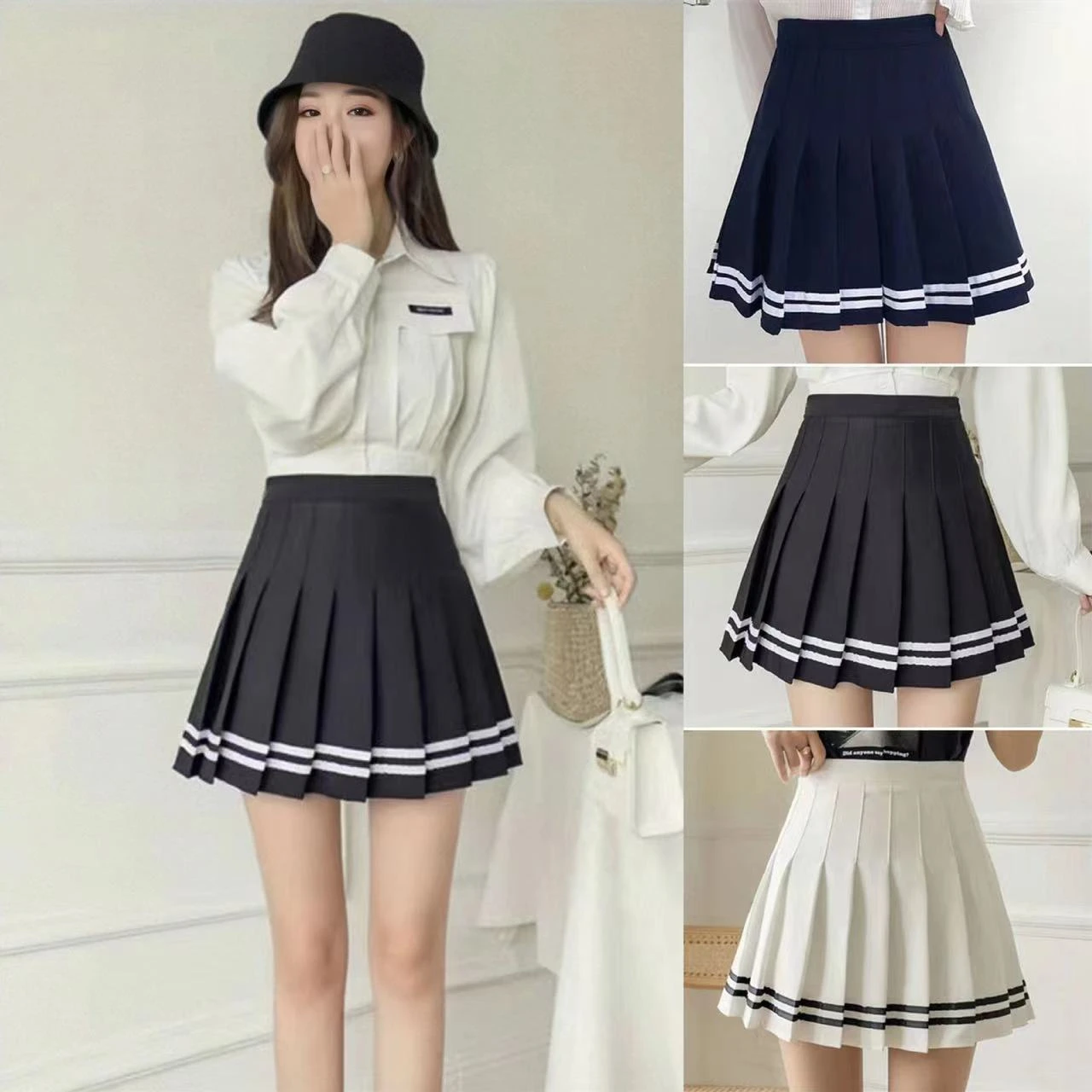Damen Hochgeschnittener Plissierter Minirock A-Linie Gestreifter Saum Preppy-Stil Sommer Tennis JK Uniform – Detail 5