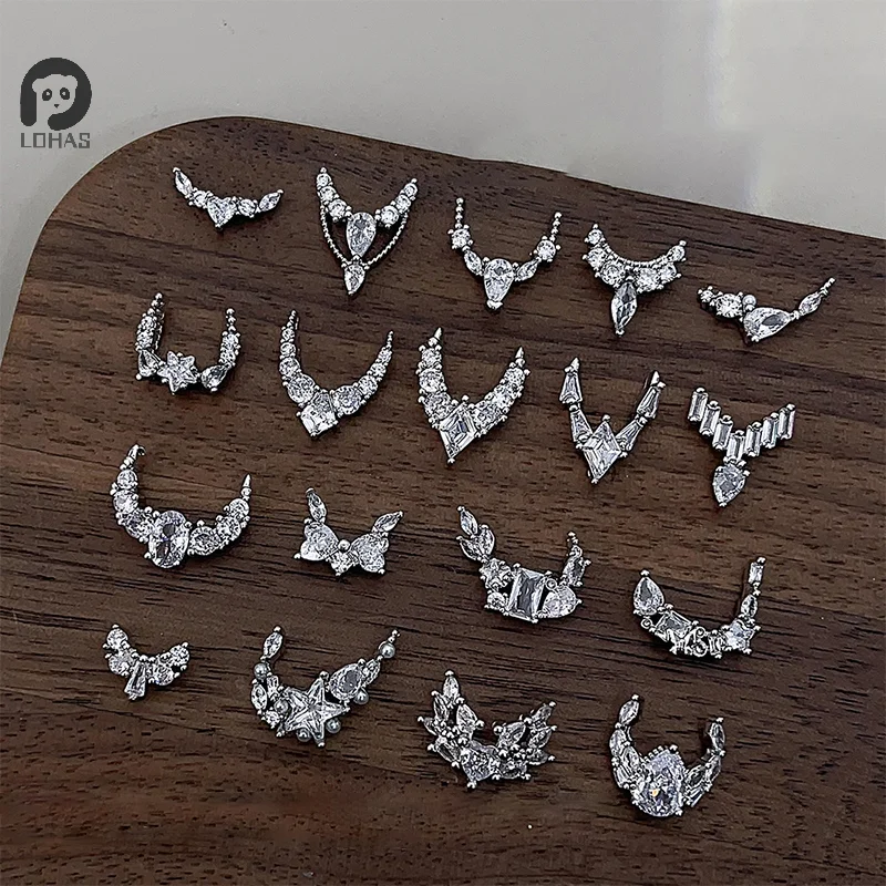 1PCS Sparkle Zircon Crescent Shape Pendant Silver Alloy Nail Art Rhinestones Jewel Decorations Manicure Ornaments