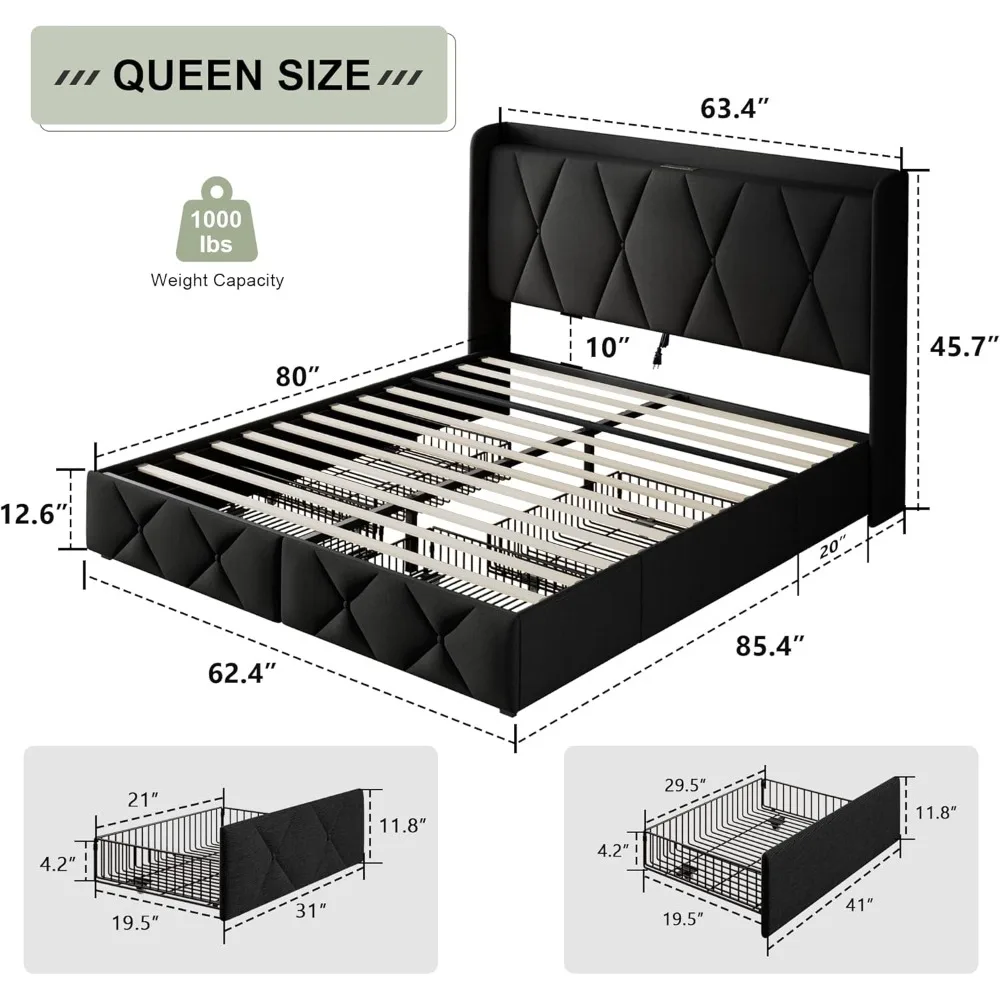 Queen Bed Frame with 4 Storage Drawers, Upholstered Platform Beds, Wingback Storage Headboard, Queen Size Bed Frame