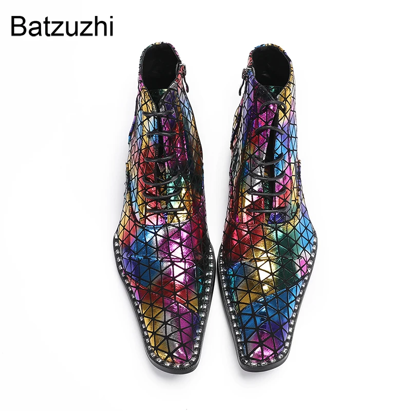 Batzuzhi olor Punk Night Club Boots Man Pop Fashion Leather Ankle Boots Man Lace-up and Zip C