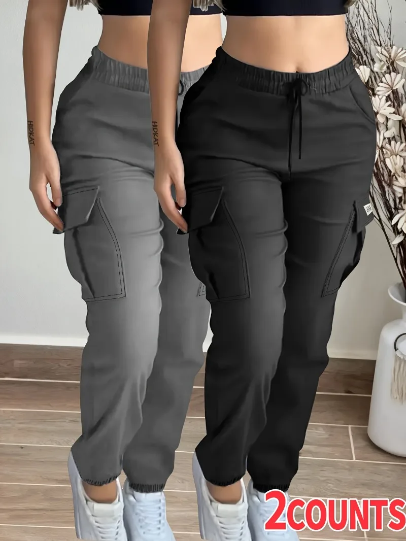 

2pcs Women's Casual Cargo Pants,Lightweight with Elastic Waistband, Drawstring, Pockets, for Daily Casual Outdoor Wear