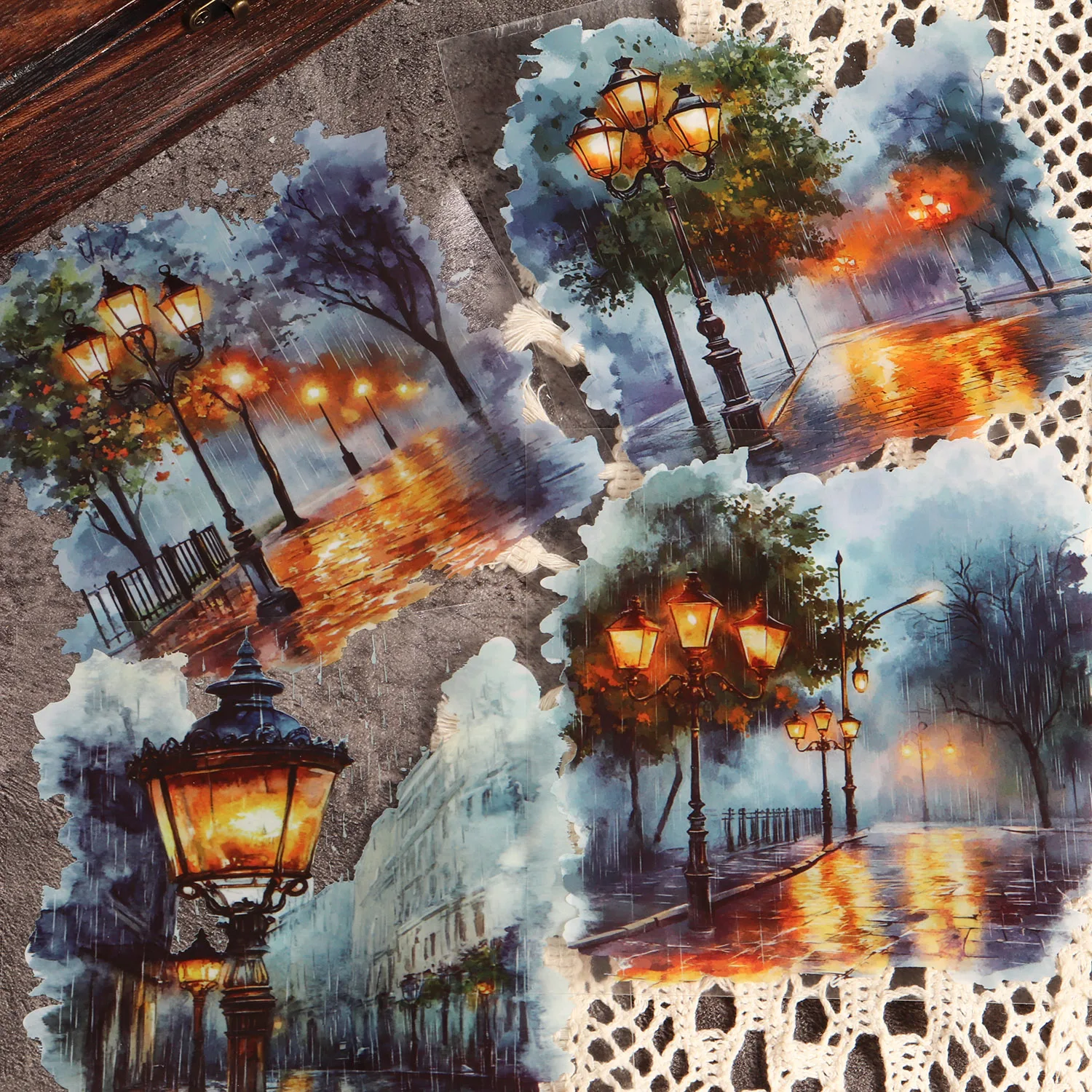 10 Blatt PET-Aquarell-Regenstraßen-großer selbstklebender Aufkleber, für Scrapbooking-Zubehör, DIY-Landschaftsbau – Detail 1