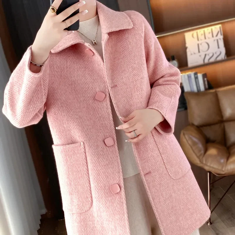 2025 Autumn Winter New Doll collar Double-sided Wool Coat Women's Fashion Medium length Slim Woolen Coats Female Single breasted