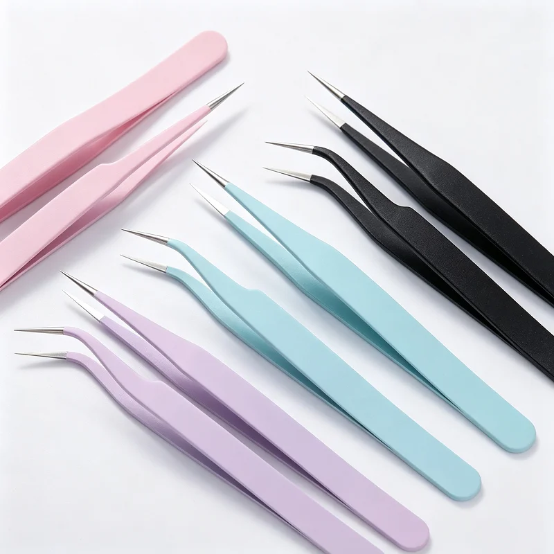 2Pcs/Set Stainless Steel Straight Curved Tweezers Colorful DIY Eyelash Tweezer Nail Art Sticker Rhinestones Picking Tool