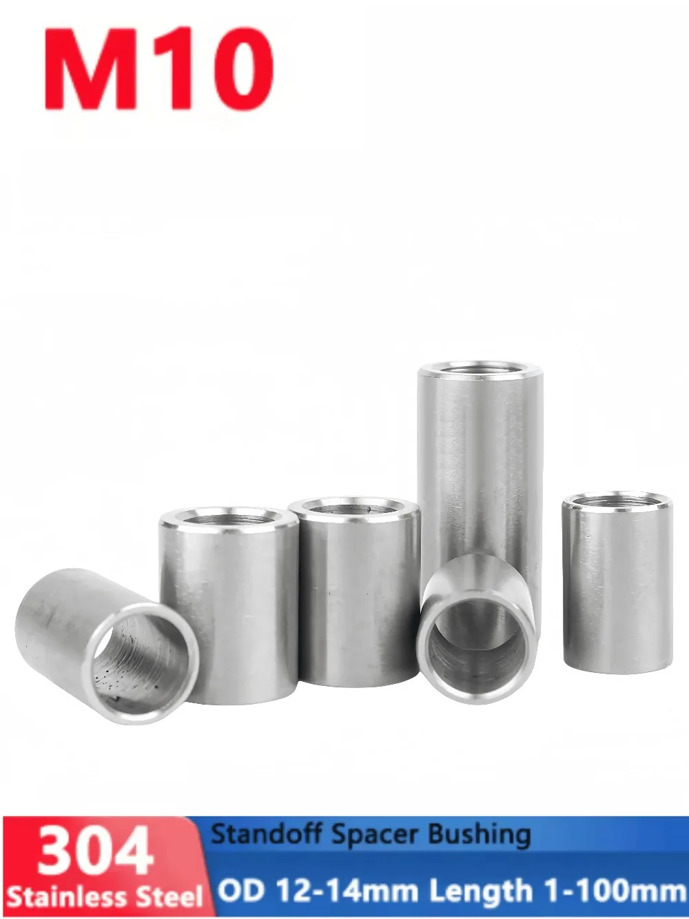 M10 304SS Bushing Spacer 12/13/14mm OD Unthreaded Hollow Standoff Washer Sleeve 1-100mm Length Round Gasket Hardware