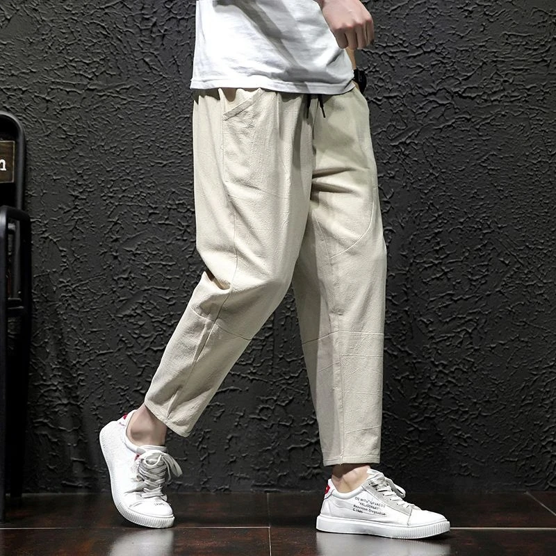 Сплошной цвет, тонкие свободные хлопковые мужские укороченные брюки, летняя классическая уличная одежда Xxxl, низкая цена, стильные мужские повседневные шаровары