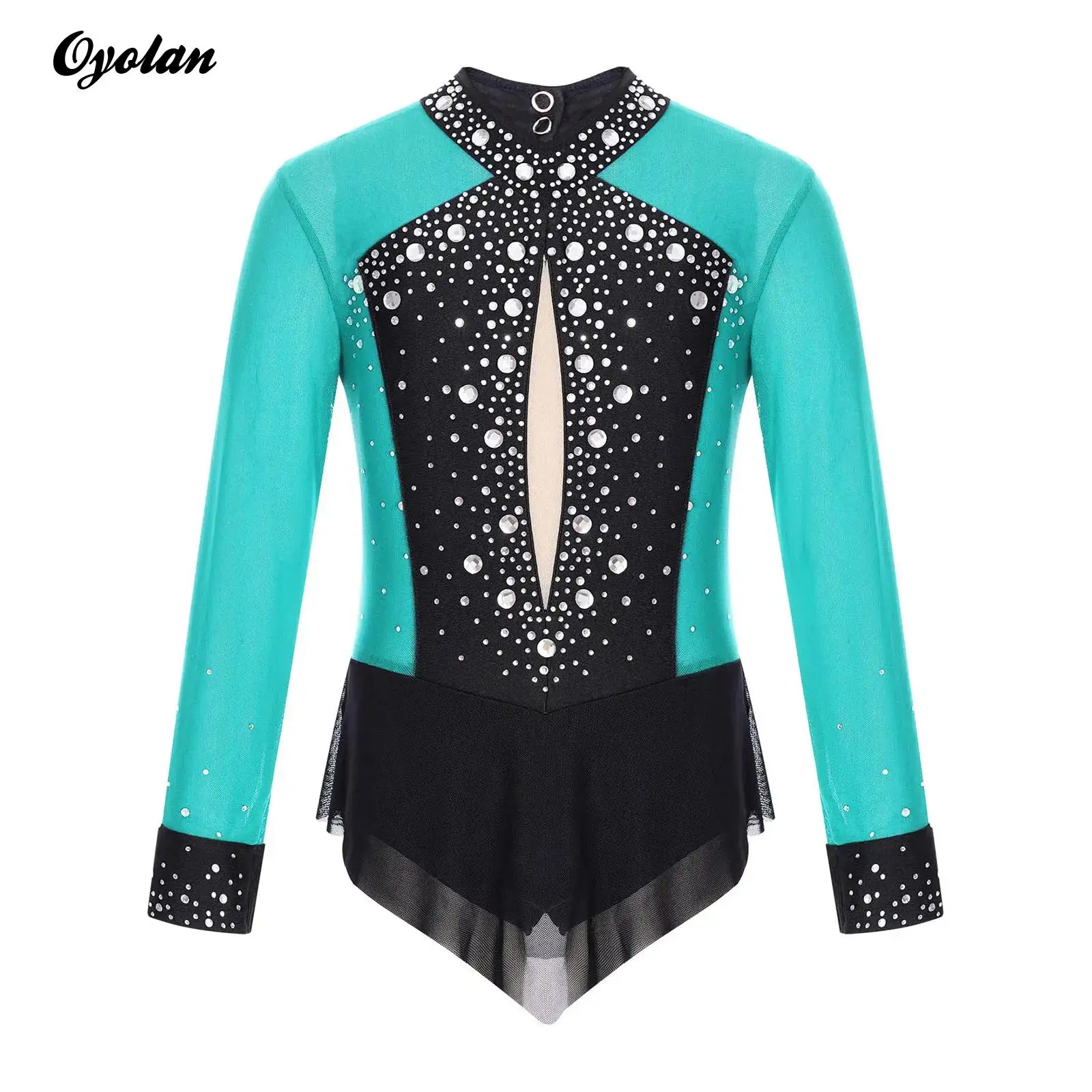 Kids Girls Sparkly Rhinestones Artistic Figure Skating Skirted Bodysuit Rhythm Gymnastics Ballet Lyrical Dance Leotards Costume