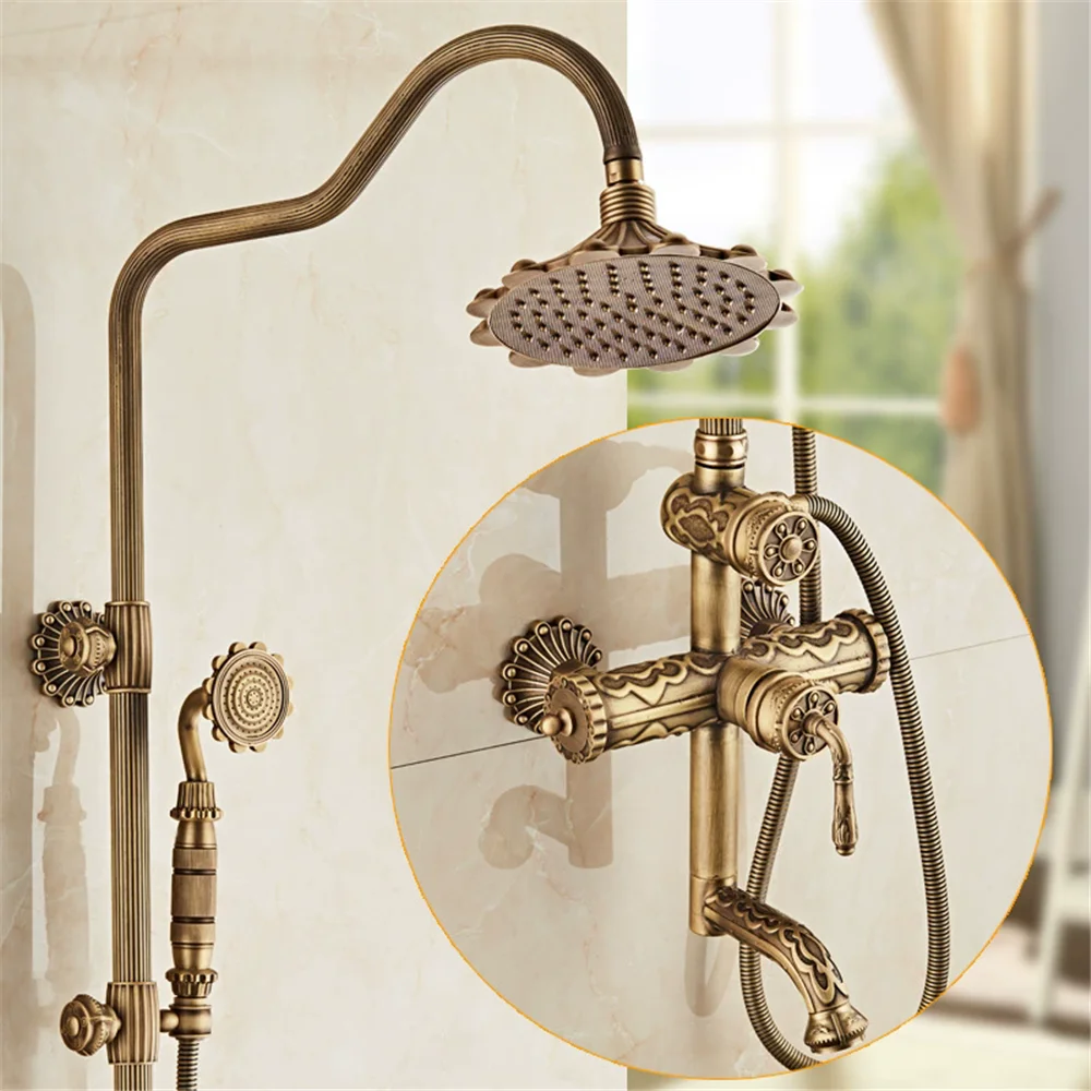 

Antique Bronze Carved Bathroom Shower Faucet Set Classical Rainfall Shower Mixer Tap Brass Bath and Shower Faucet Set