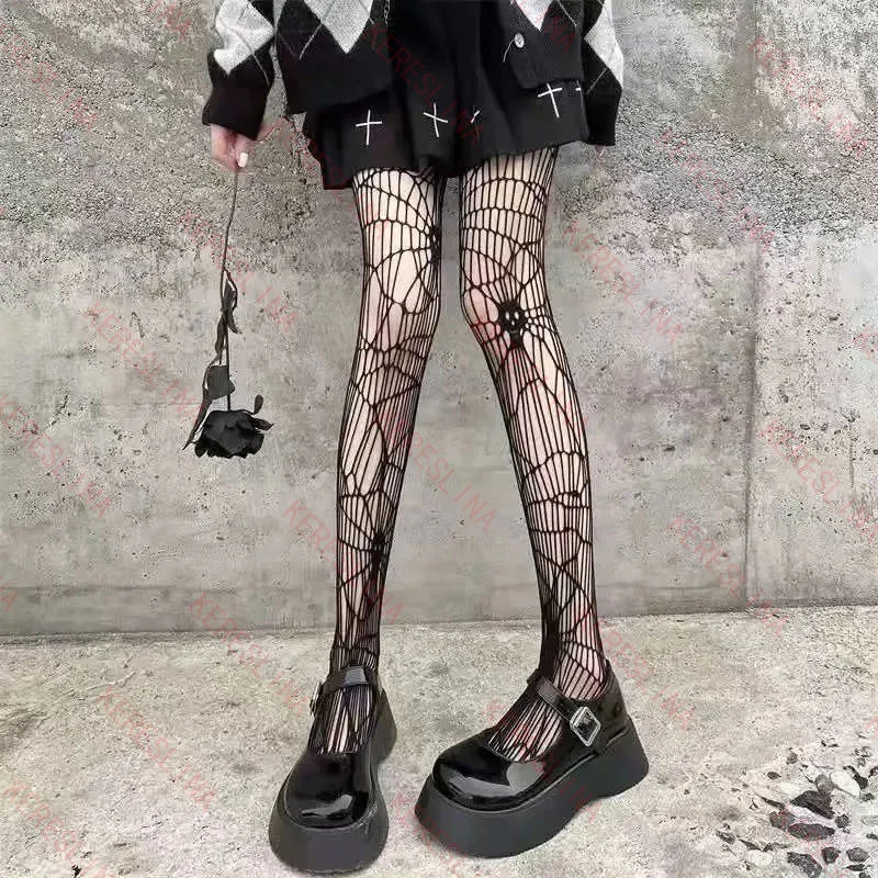 

Retro American style skull fishnet body stockings sexy gothic Harajuku Y2K hip hop fashion hollow punk womens streetwear hotties
