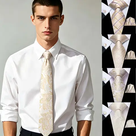 Men Luxury Champagne Necktie Set Including Pocket Square & Cufflinks Party Daily Outfit