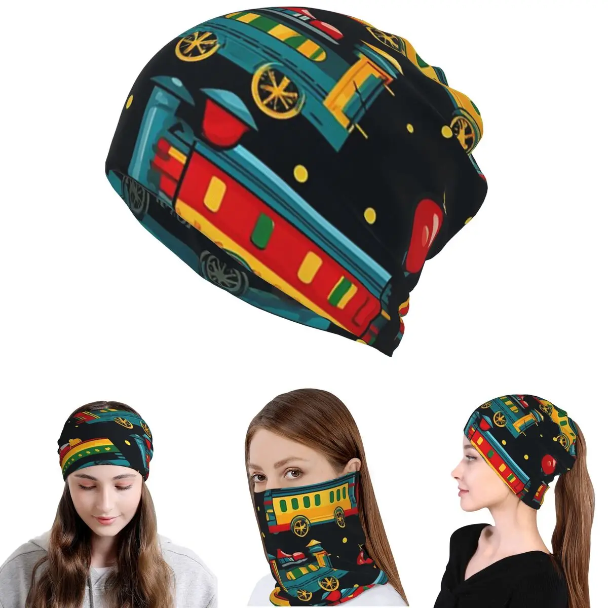 Cartoon Train Models Display Design Bandana Neck Gaiter Face Scarf Warm Headwear Beanies Hat for Men Women Adult All Season