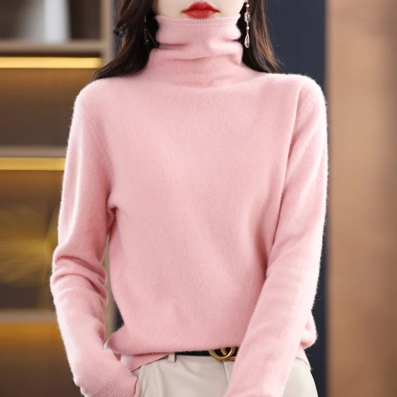 Fall/Winter  New Sweaters Keep Warm 100% Pure Wool Pullover Women's High Collar Solid Color Long Sleeve Loose Top