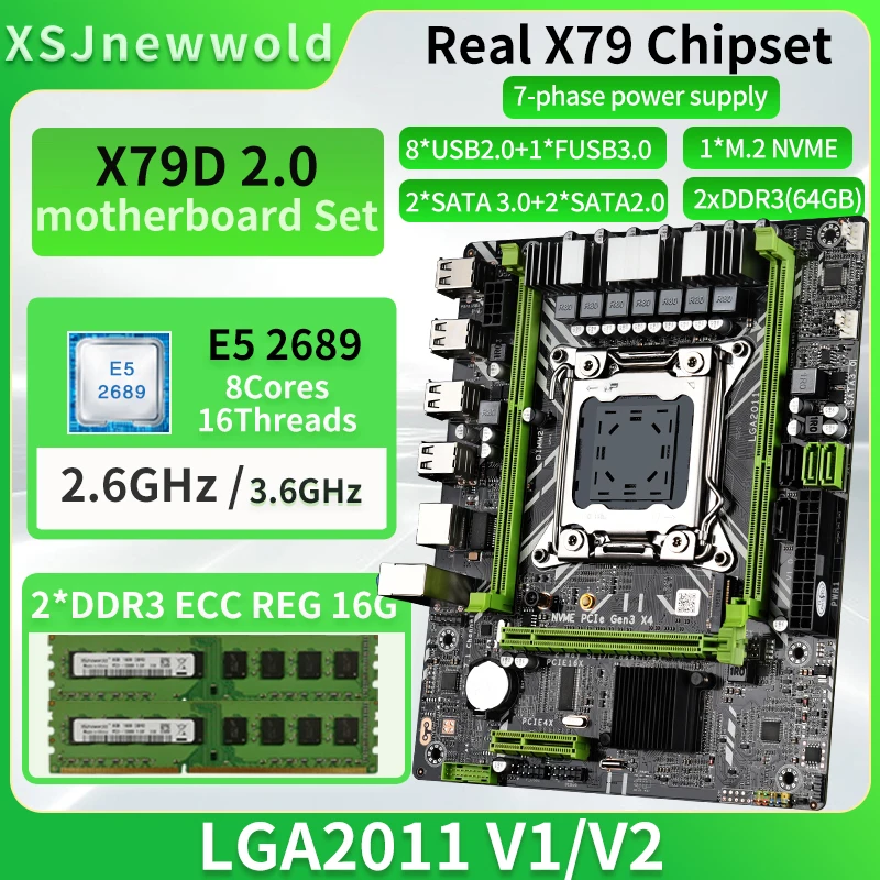 

X79D2.0 Motherboard Kit with E5 2689 Processor And DDR3 REG 2*16G=32GB Memory Dual Channels LGA2011 NVME M.2 SATA 3.0 Xeon Kit