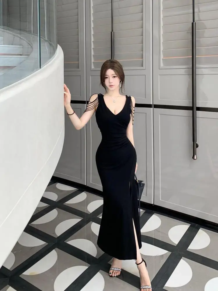 

French Women Black Tassel V Neck Sleeveless Sexy Club Slim Vest Long Dresses Summer Backless Birthday Evening Gown Dress Fashion