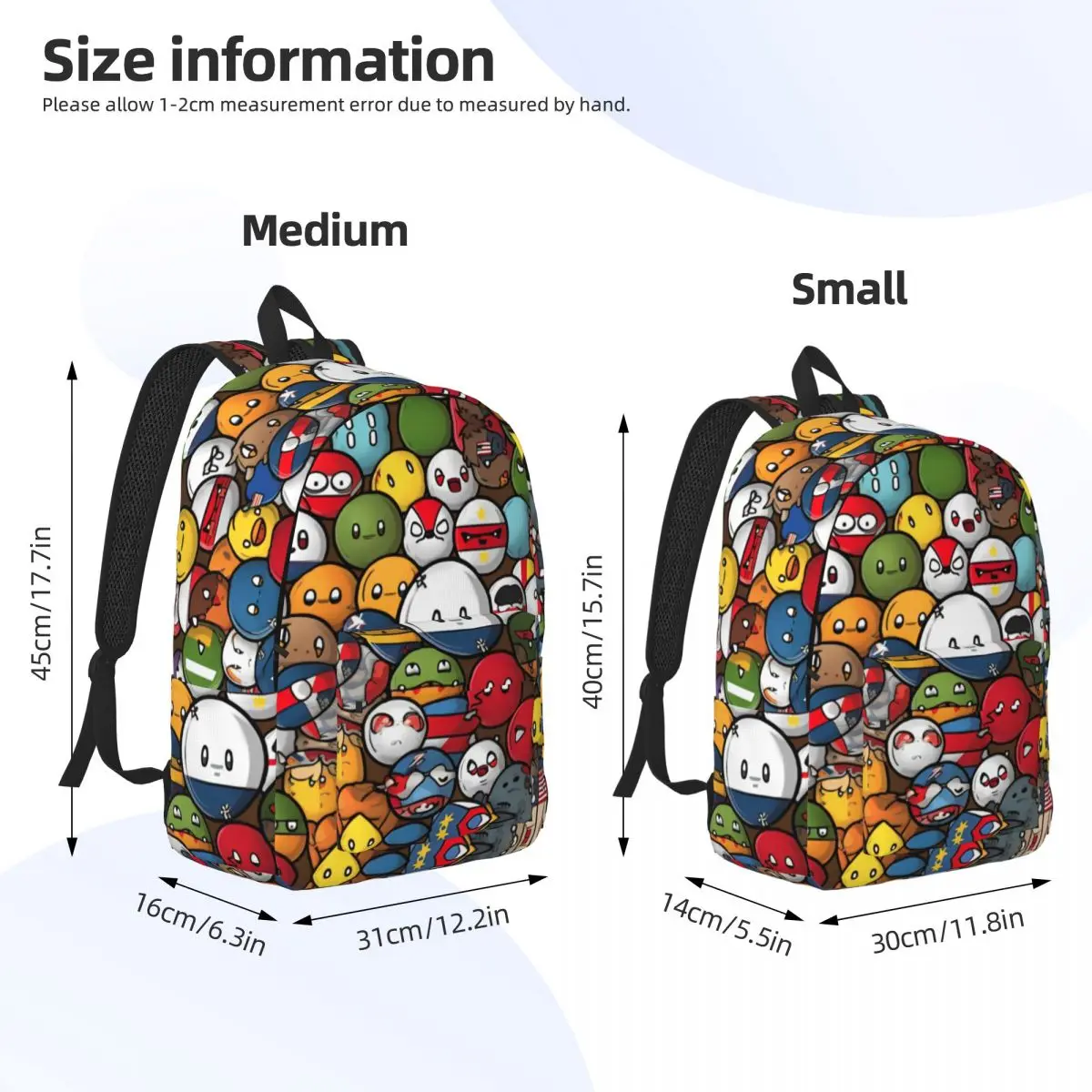 Countryball Cartoon Backpack for Kindergarten Primary School Student Countries Earth Cute Bookbag Boy Girl Kids Canvas Daypack