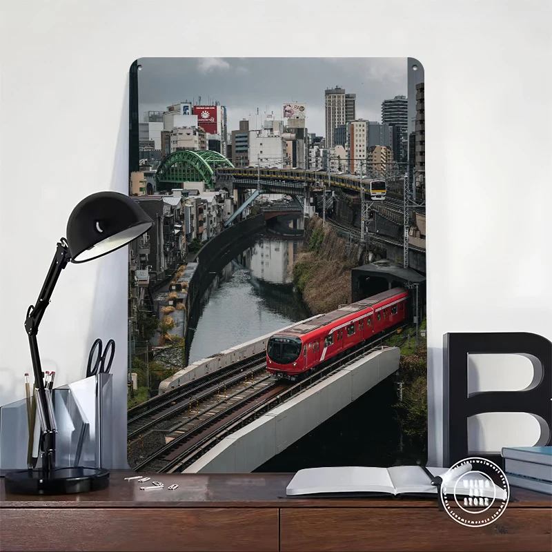 Red Train Crossing a Bridge in Tokyo Tinplate Poster Customized Wall Art Retro Vintage Metal Signs for Fans Luxury Home Decor