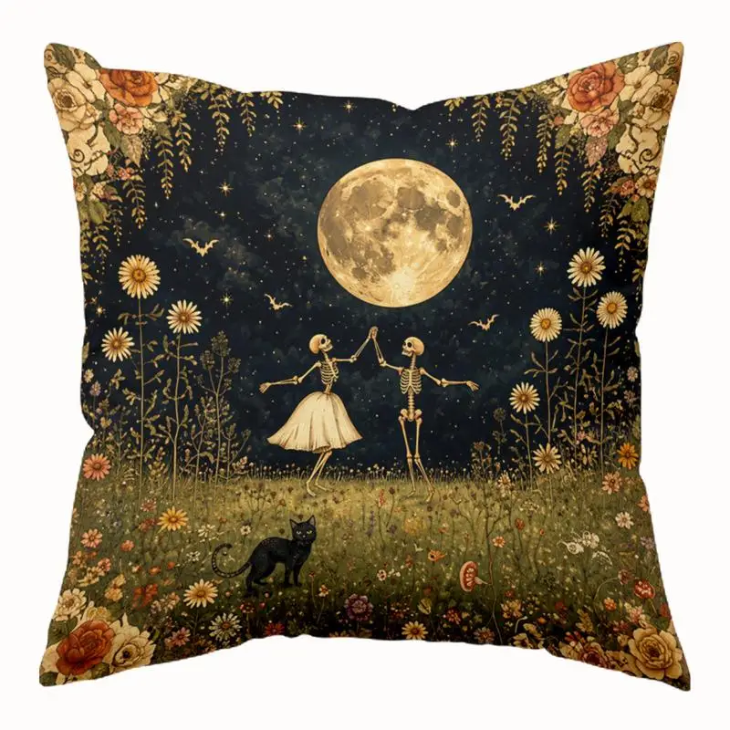 1pc Pillowcase, Halloween-Inspired Cushion Cover, Retro Style Design with Dancing Skeleton, Full, Starry Sky, Flower Field, Black Cat, And Bat Patterns, Exquisite Floral Scalloped Edge, Charming And Eerie Home Decor