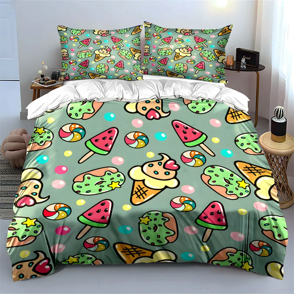 Sweet Cartoon Ice Cream and Desserts Pattern Bedding set 3PC 1duvet cover 2 pillowcases adult and children bedding set Luxury