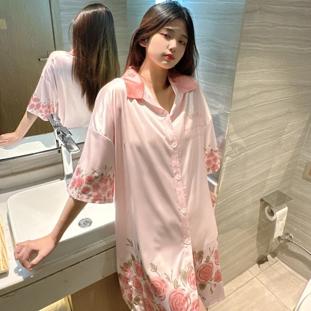 

Women's elegant satin pajamas, casual homewear, rose floral print design, suitable for home attire