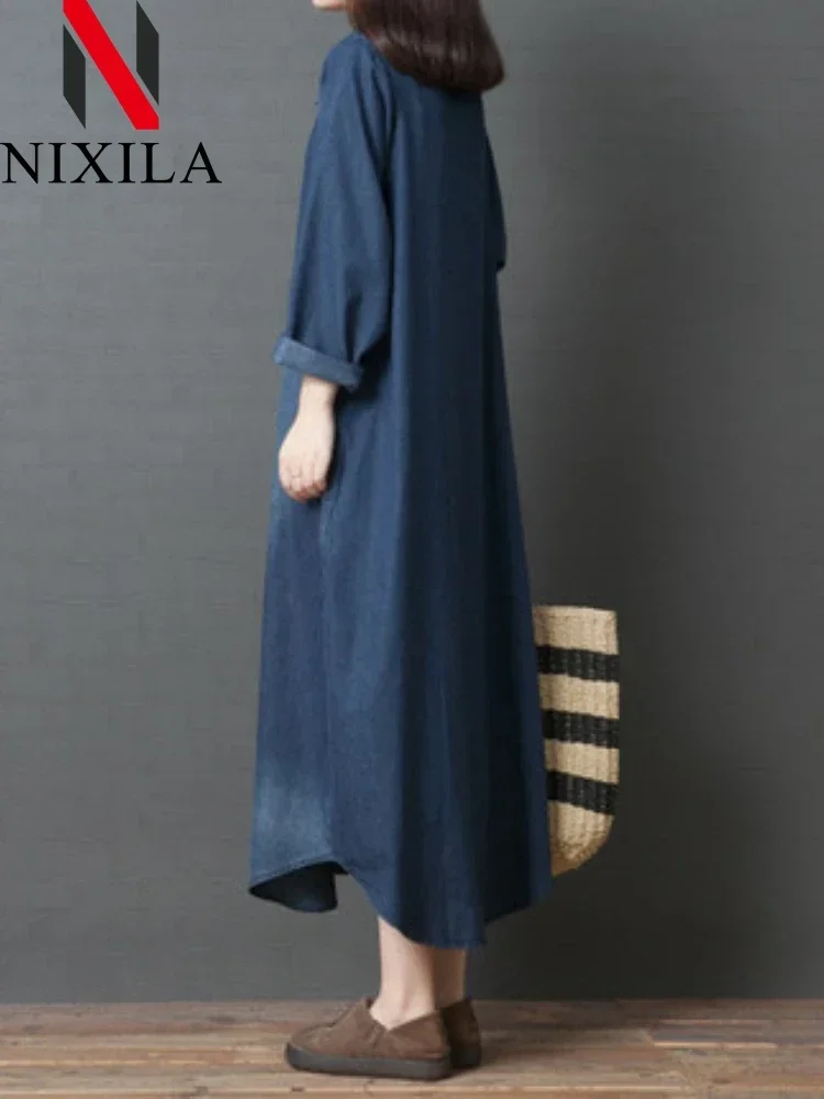 New in Spring Autumn Denim Oversize Dress for Women Long Sleeve Loose Tops Dress Shirt Leisure Elegant Fashion Female Clothing