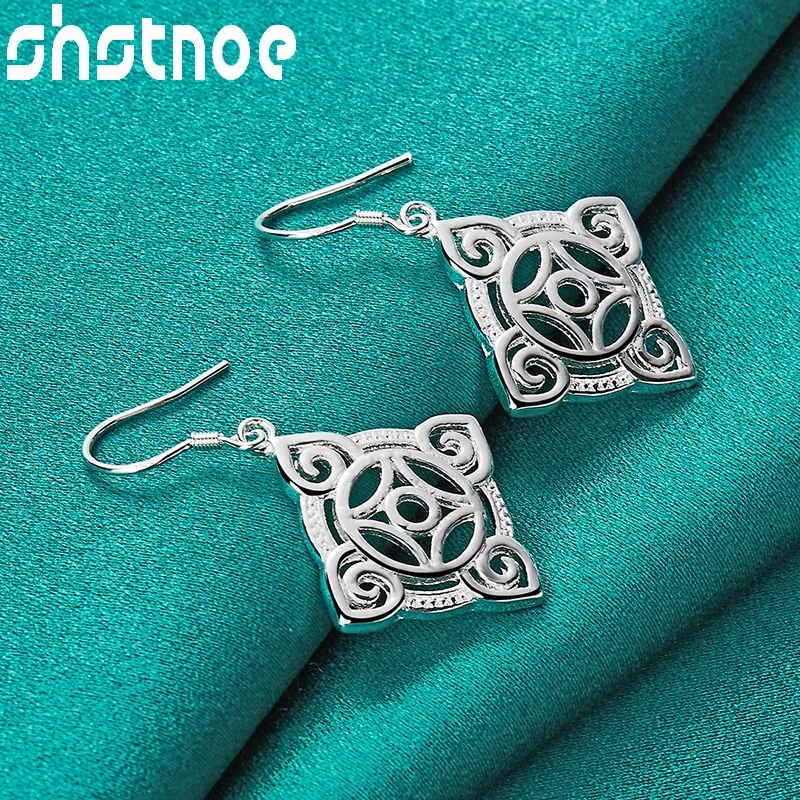 

SHSTONE 925 Sterling Silver Square Pattern Earrings For Women Party Engagement Wedding Valentines Fashion Charm Jewelry Gift