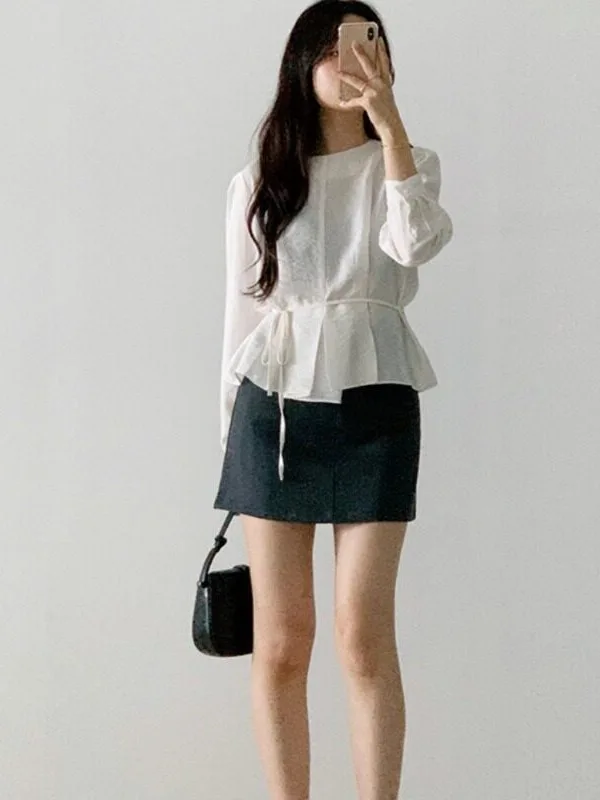 Women's Long Sleeve Shirt round Neck Tie Waist Design Slimming Korean Style Top for Autumn Spring Winter Casual Wear