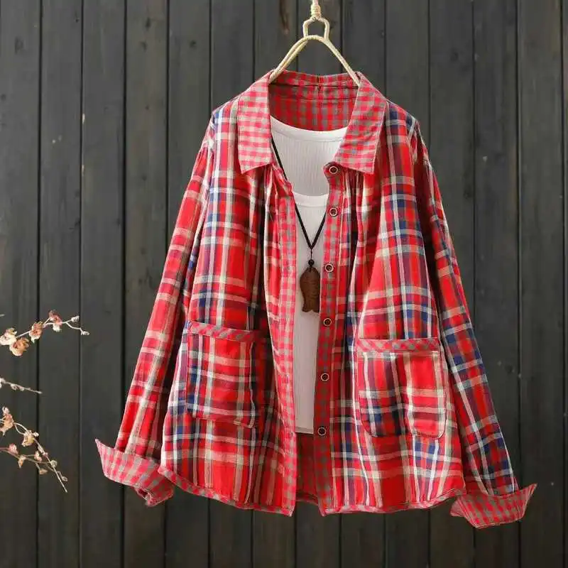 

Японские винтажные клетчатые хлопковые рубашки Mori Girl с карманами спереди, женские осенние повседневные свободные блузки с воротником Питера Пэна и длинными рукавами, топы