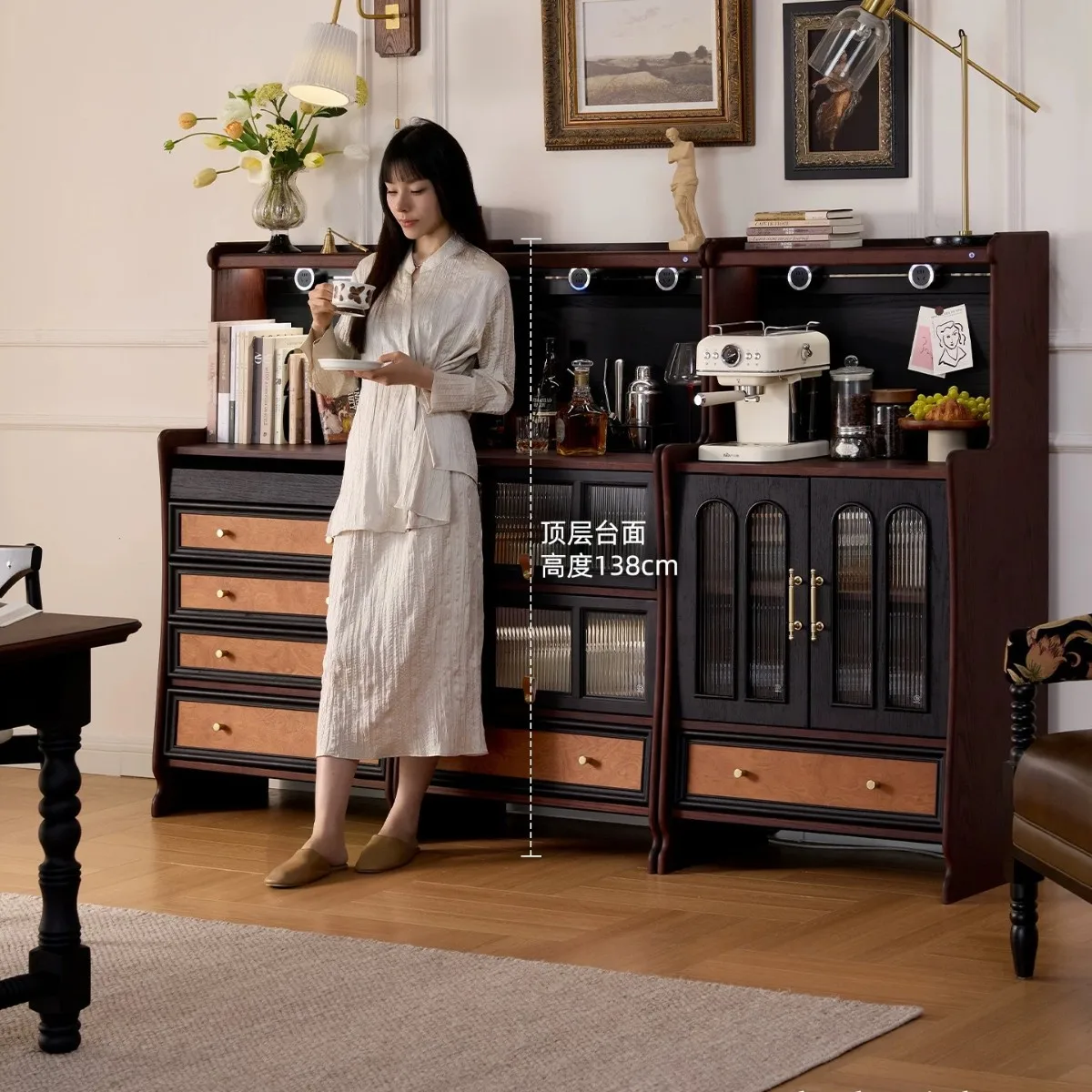 PYJ solid wood dining side cabinet small apartment kangaroo module combination living room retro wall integrated locker