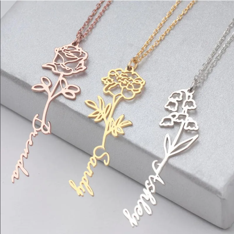 Name Halskette mit Geburts blume benutzer definierte Geburts monat Blume Edelstahl Blumen name Halskette minimalist ischen Schmuck Geschenk für sie – Detail 11