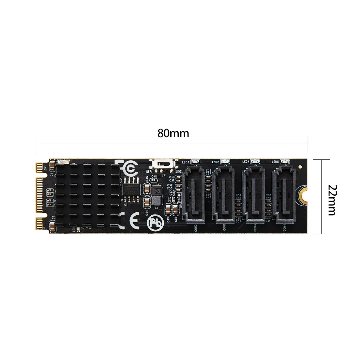 M.2 to 4 Ports RAID 0/1/10 SATA III 6G SSD HDD Adapter M Key B Key 2280 mm Size PCIe2.0 Marvell 9236 Chip for UEFI Bios