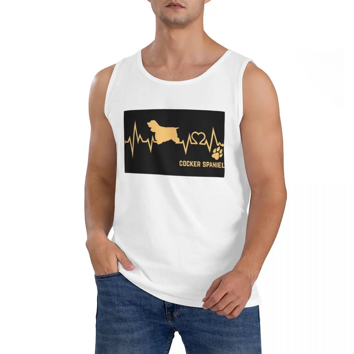 Cocker Spaniel Dog Lover Heartbeat ECG Pulse Pet Breed Paw Sleeveless T-Shirt Men Workout Sports Tops Men's Crew Neck Vest
