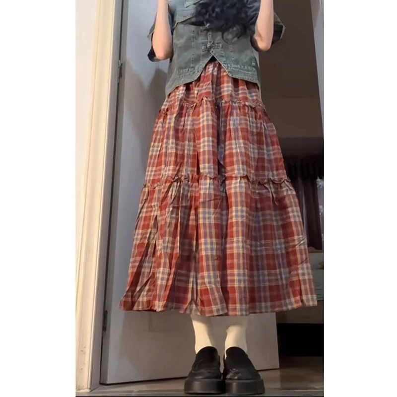 Women Clothing 2024 Summer Trendy Vintage Plaid Print Ruffled Harajuku Skirts Y2K Female Casual High Waist Loose Chic Midi Skirt