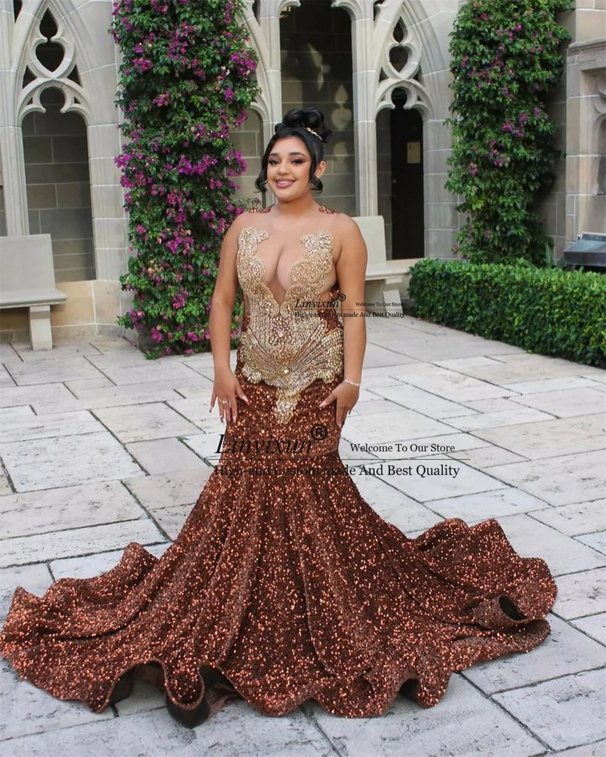 Fashion Brown Black Girls Mermaid Prom Dresses Luxury Rhinestones Beaded Evening Party Gala Gowns Long Birthday Robe De Soiree