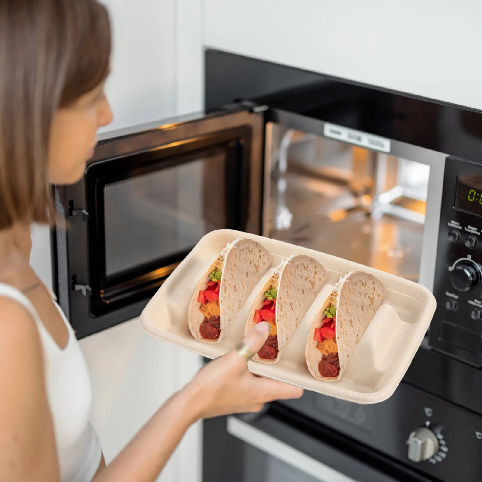 

50pcs Disposable Taco Containers Divided Serving Platter Beige Party Plates Portable Tray Holders Lightweight Design Kitchen