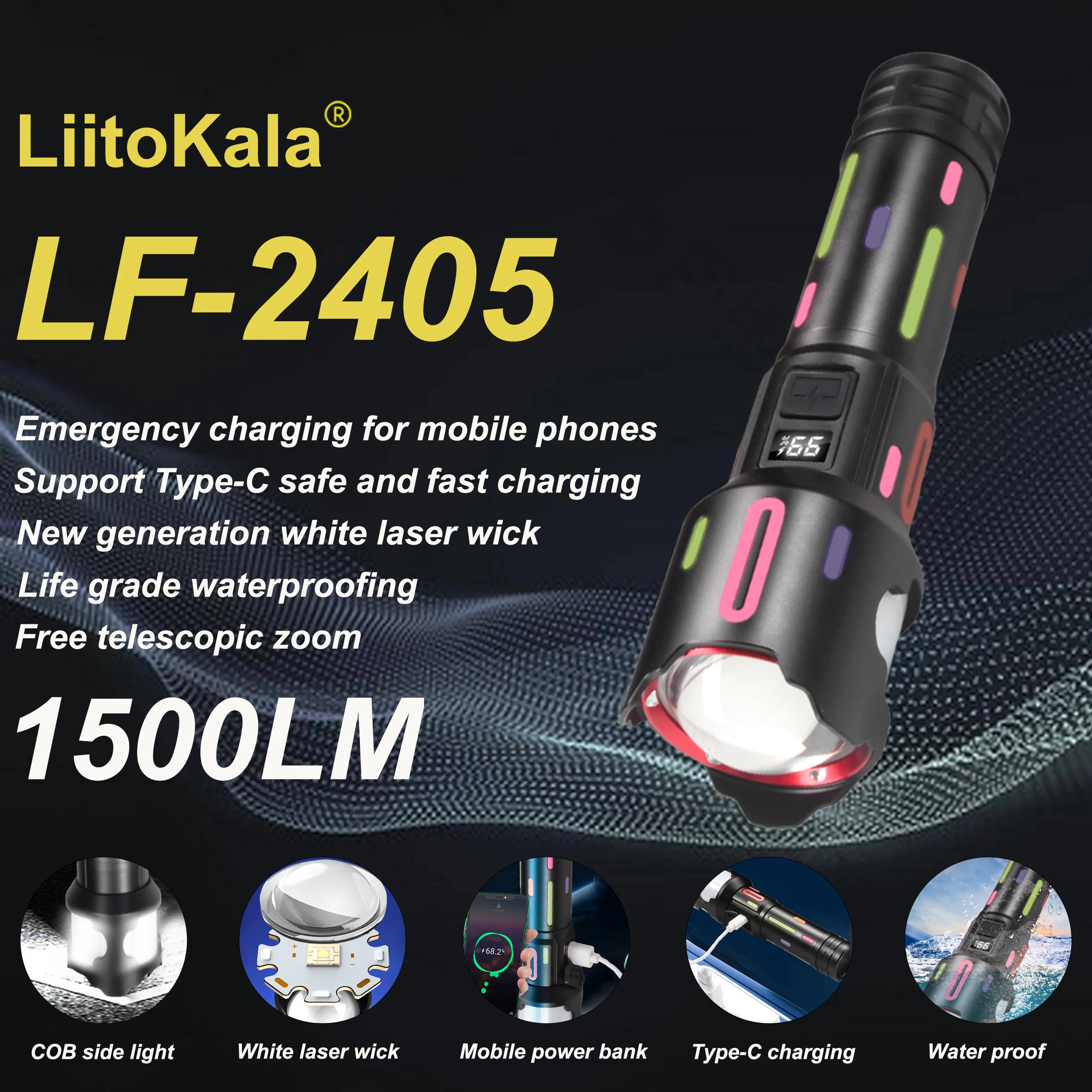 

LiitoKala LF-2405 Перезаряжаемый флуоресцентный фонарик Type-C с зарядкой и регулируемым лучом IP65 Водонепроницаемый